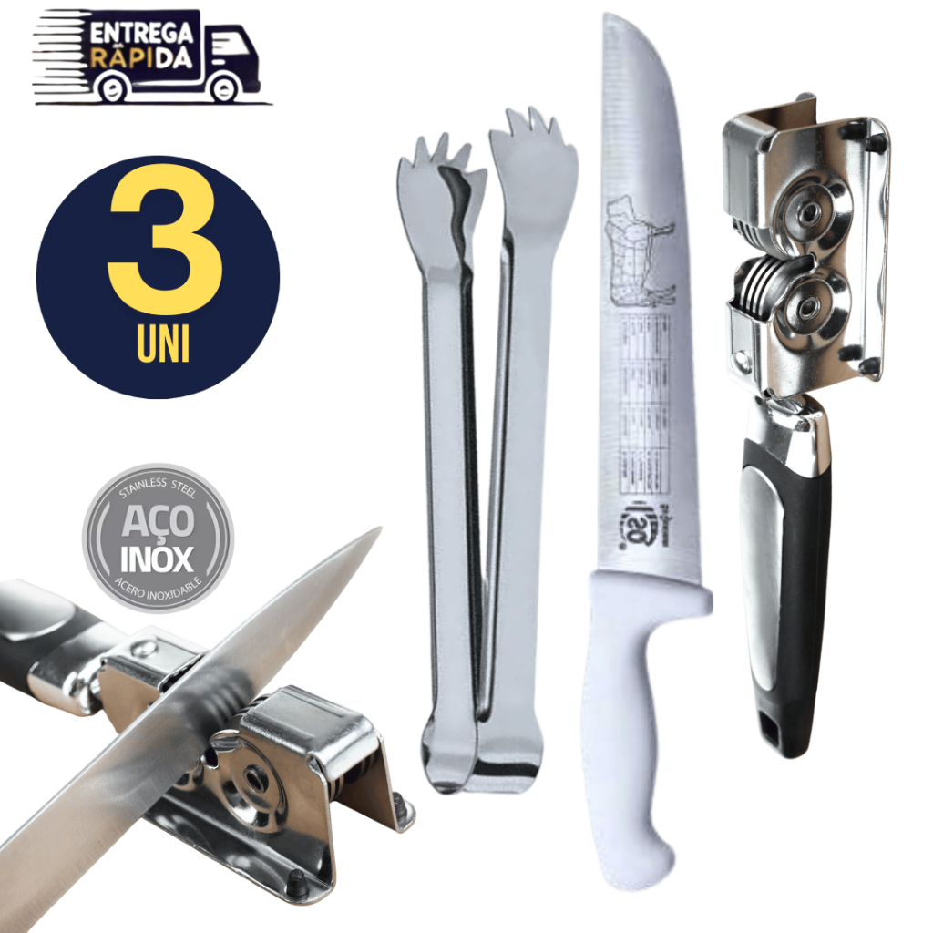KIT 03 Peças - Faca Profissional 10 Polegadas Carne Churrasco + Pegador de Carne + Amolador Afiador de Facas Cozinha