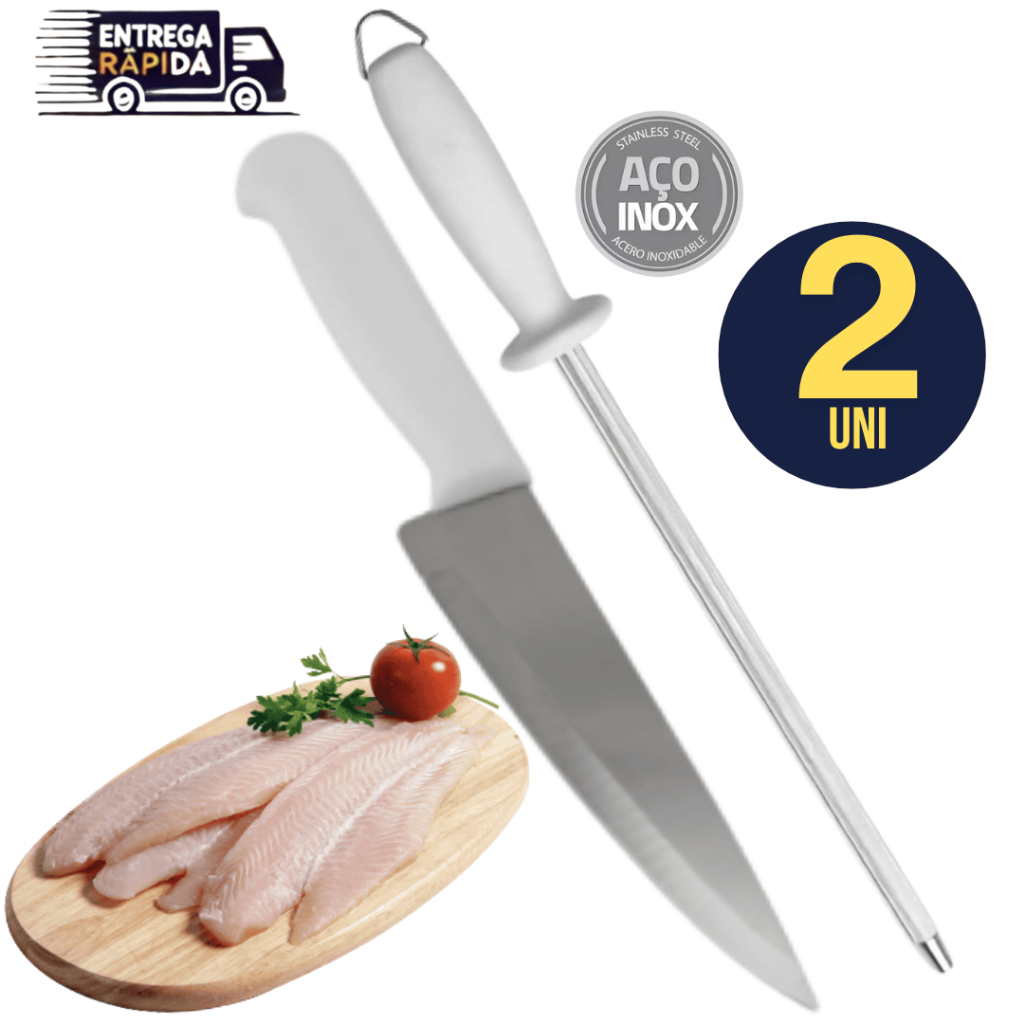 Jogo 02 Unidades 1 Chaira 10" polegadas 1 Faca Peixaria 6" polegadas Peixe Carne Churrasco Variáveis Utilidades Inox