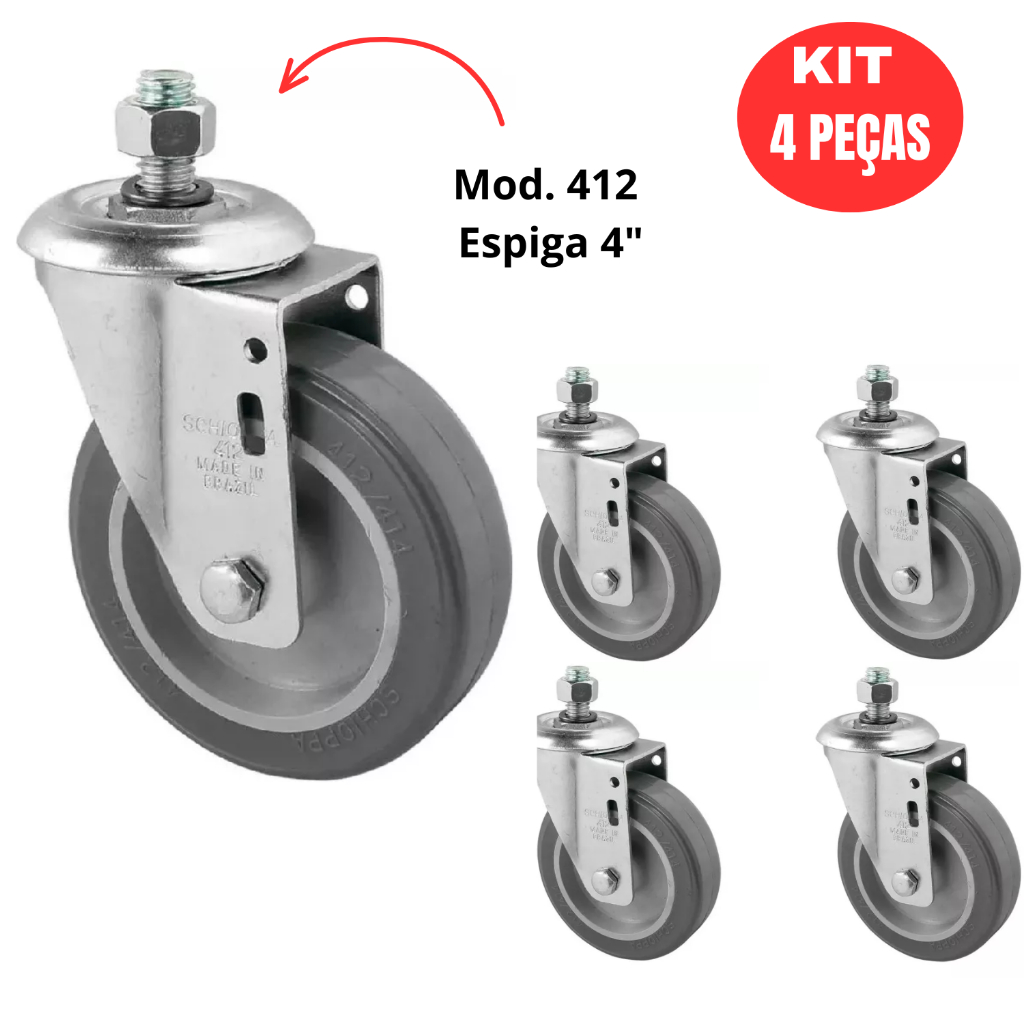 Kit 4 Rodizio Parafuso Schioppa Giratório Espiga 4 Polegadas Grande GLE 412