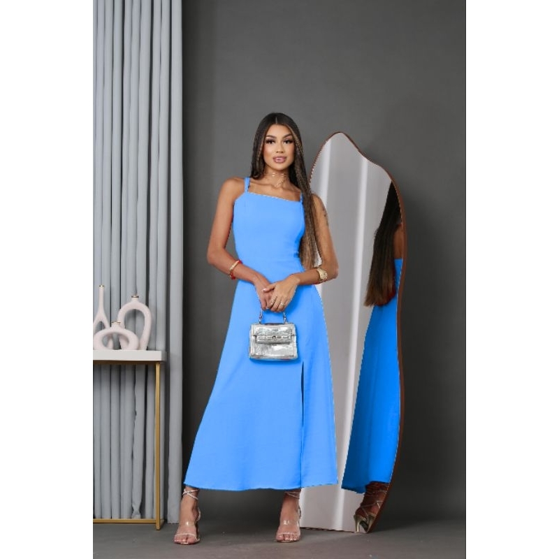 Vestido Midi Duna Com Uma Fenda e Alças Regulaveis Com Lastex Nas Costas