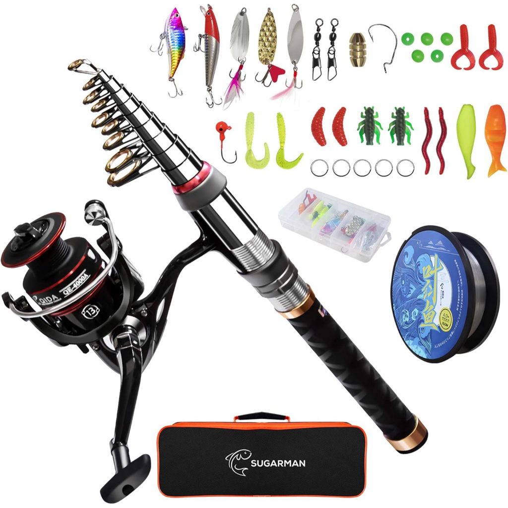 Conjunto de pesca Sugarman, vara de pescar, vara de pescar telescópica de carbono de 1,8 m...