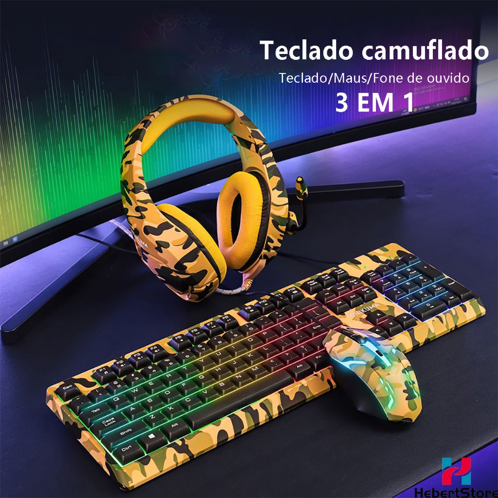 Kit Teclado Mecânico E Mouse E Headset Gamer Com Microfone Com Fio Com Led Rgb Usb Em Camuflagem Militar Para Computador