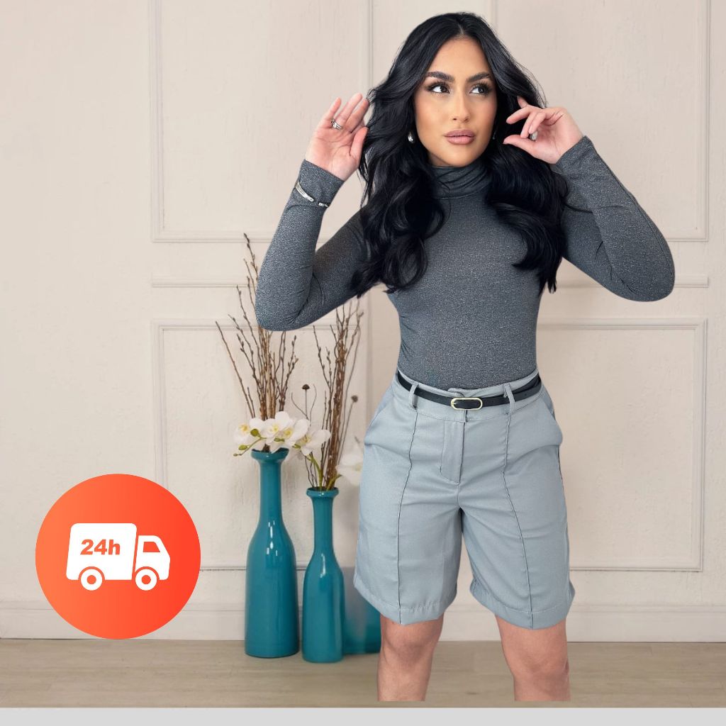 Short Bermudas Cor Cinza Feminina Com Cinto Social P Ao GG FORMA GRANDE AS PEÇAS em Oferta na Shopee