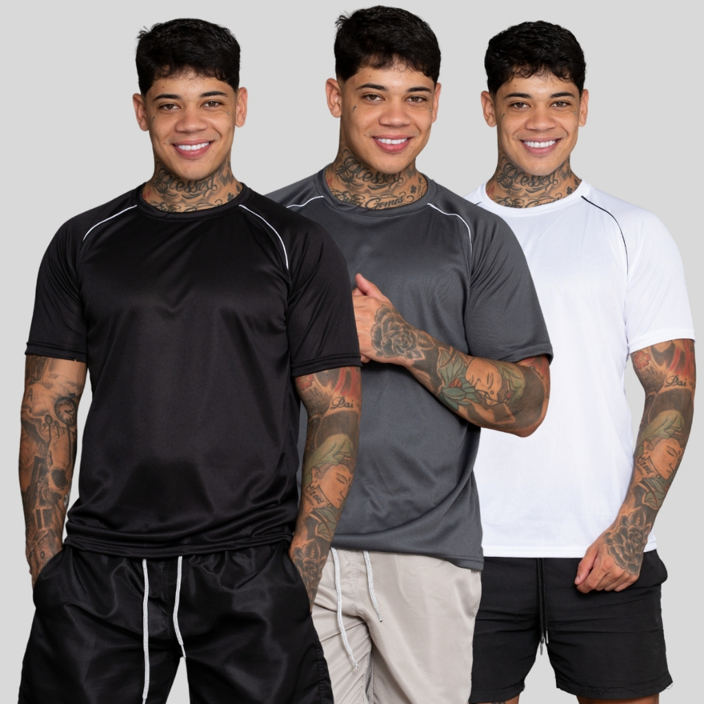 Kit 3 Camisetas Dry Fit Masculina Manga Curta Cross Fit Treino Academia Caminahada Exercicios 100% Poliester