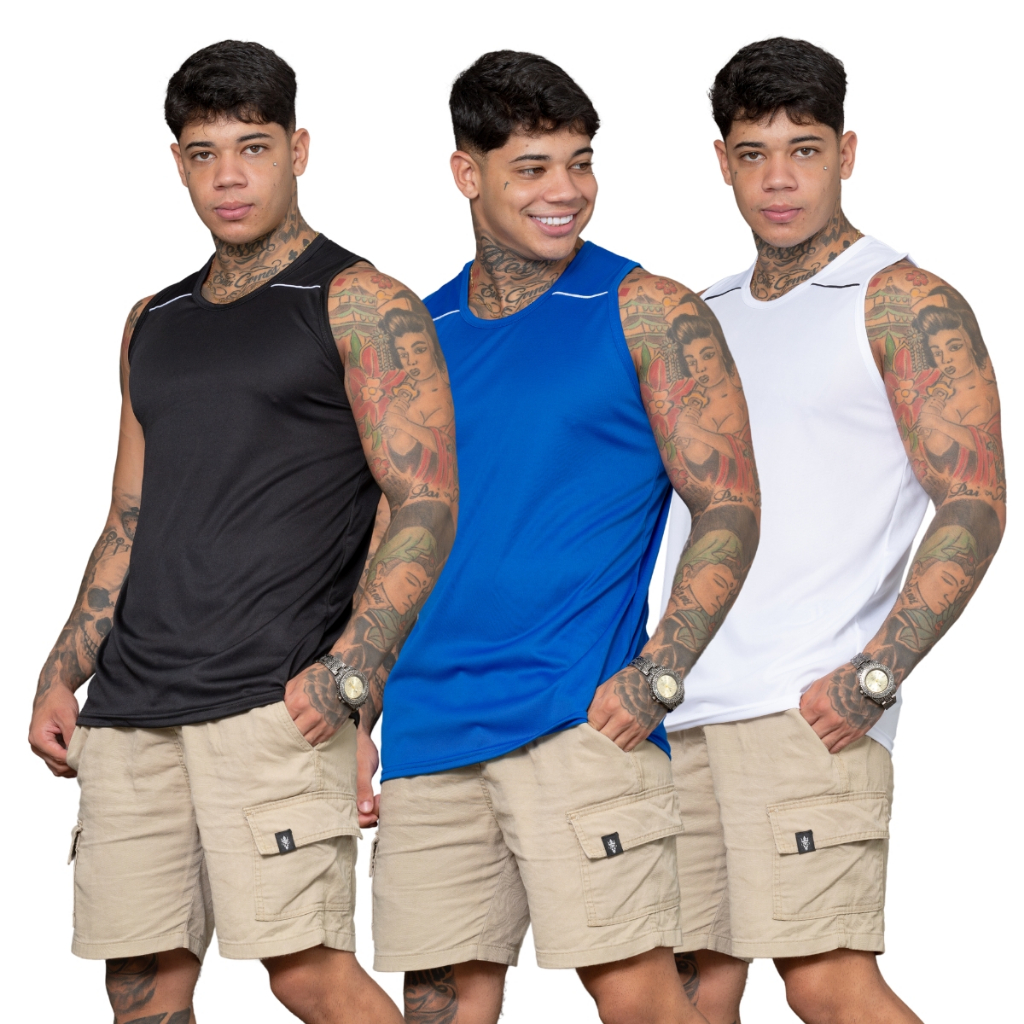 Kit 3 Camisetas Regata Dry Fit Masculina Cross Fit Caminhada Academia Treino Fitness