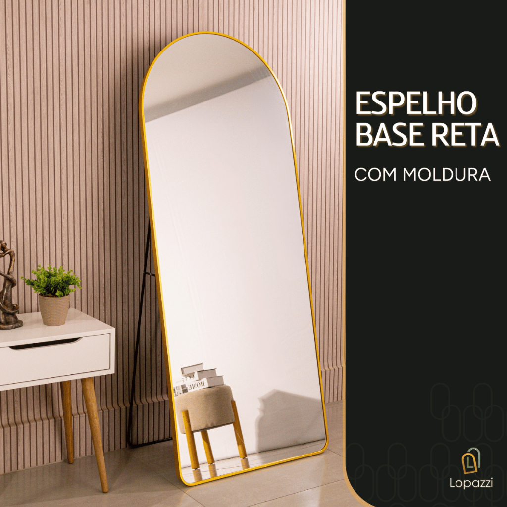 Espelho Grande Oval com Base Reta 170x70 Corpo Inteiro com Suporte de Chão Moldura de Meta...