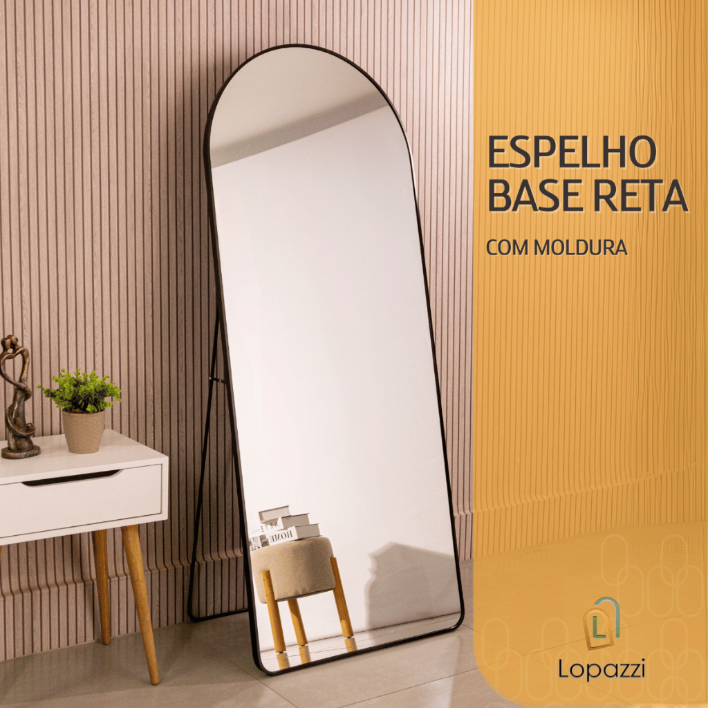Espelho Grande Oval com Base Reta com Suporte de Chão 150x60 Corpo Inteiro Moldura de Meta...