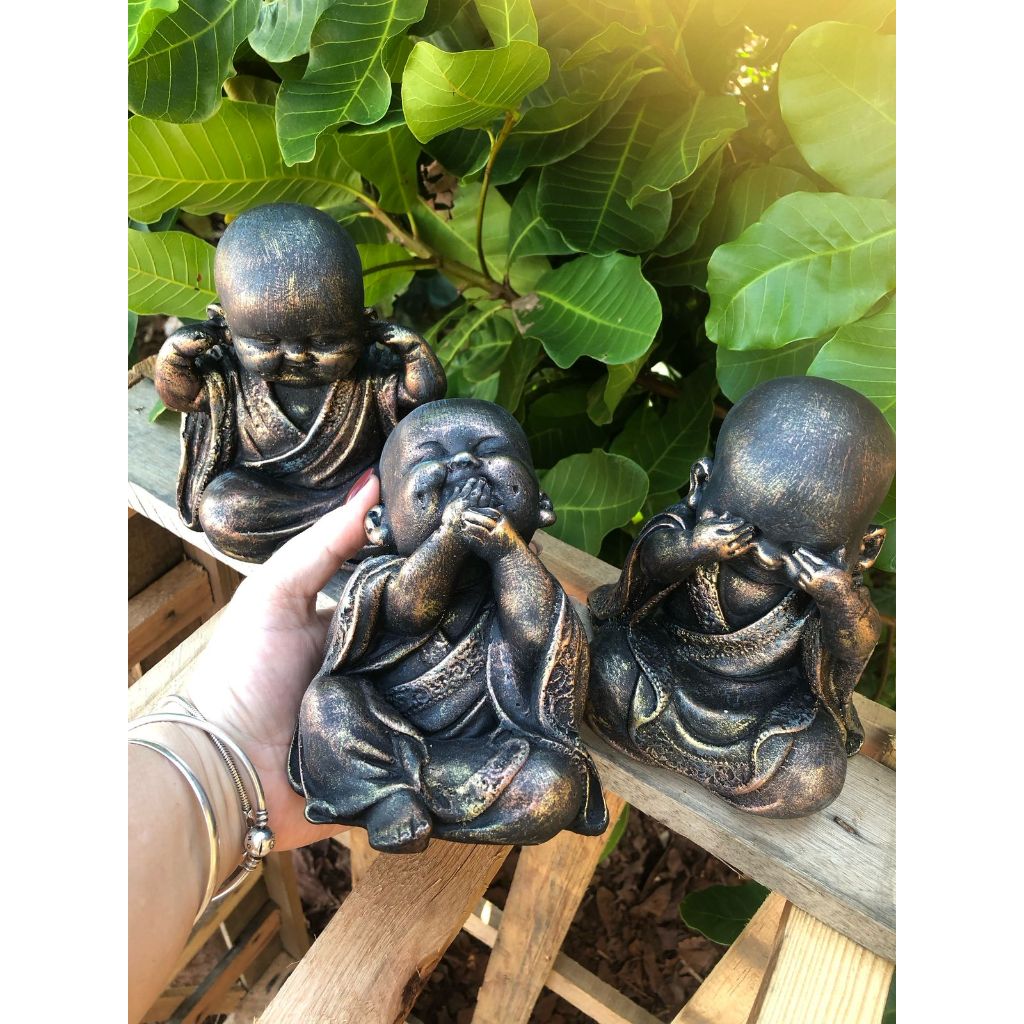 Buda Monge Trio De Budas Sabedoria 15cm em Gesso Jardim Decoração Monges