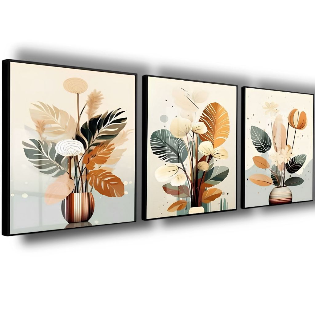 Kit 3 Quadros Decorativos Jarros com Folhagem Bege Folhas Verdes 120x60