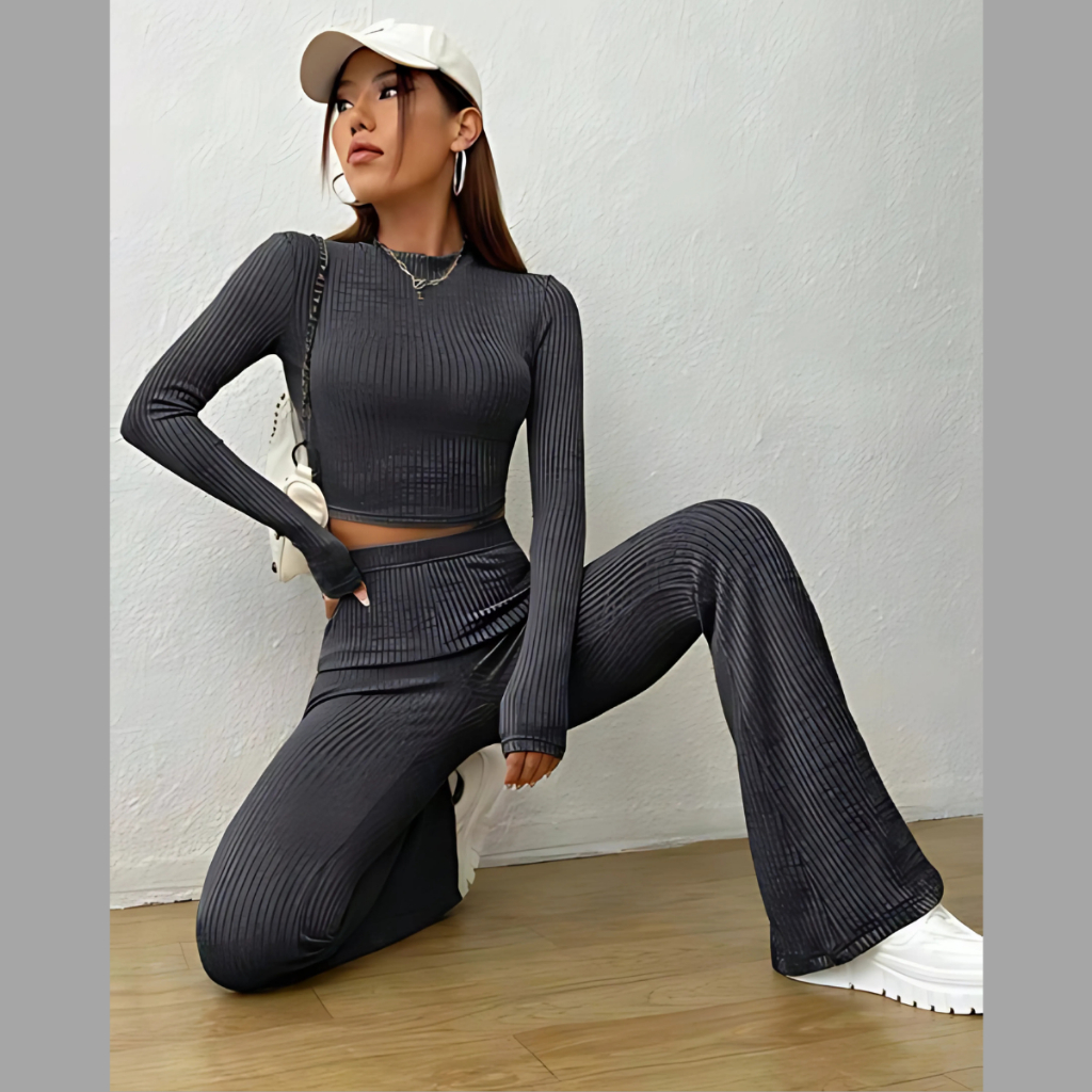 Conjunto Feminino Calça Flare Cintura Alta E Cropped Manga Longa Moda Blogueira Outono Inv...