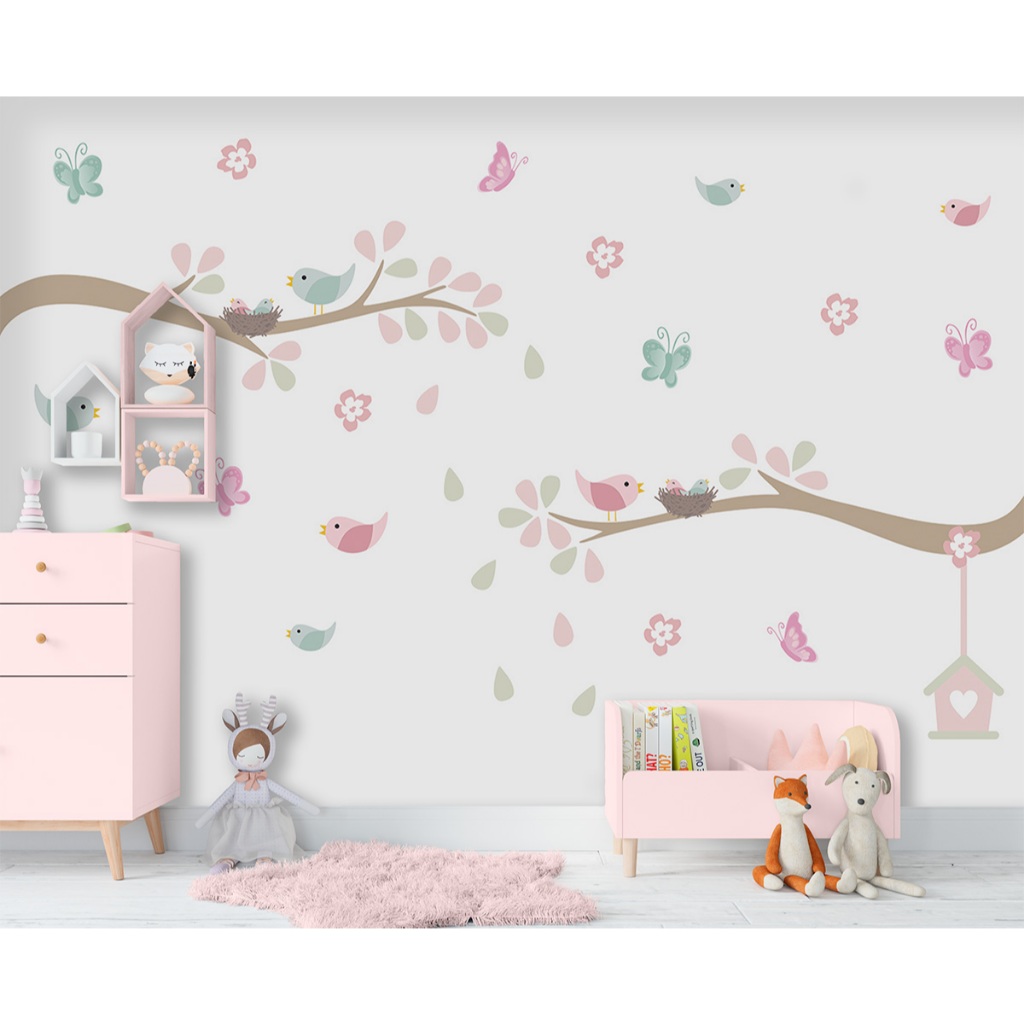 Adesivo De Parede  Decorativo Infantil Pássaros Galhos Borboletas Passarinhos Quarto Sala Menina em Oferta na Shopee