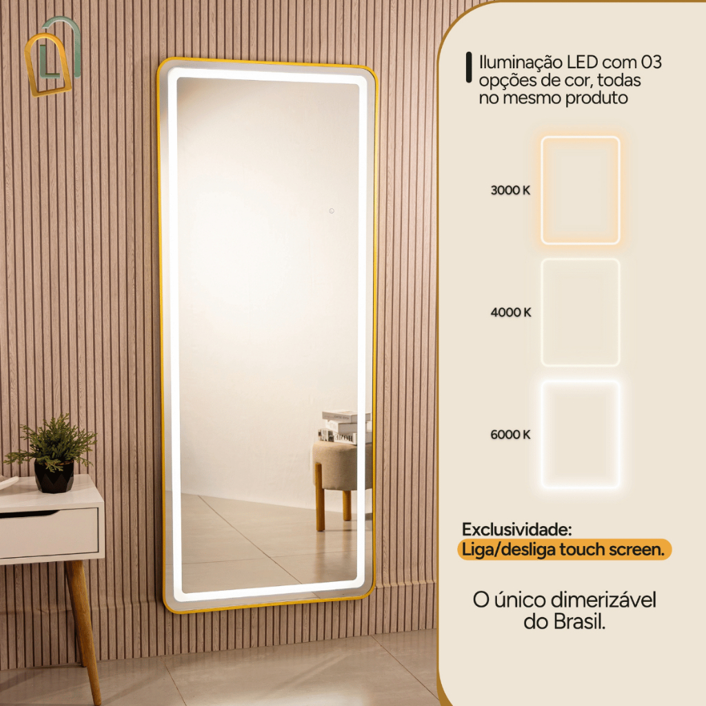 Espelho Retangular 170X70 com Suporte de Chão + LED Jateado 3 Intensidades Decorativo em Oferta na Shopee