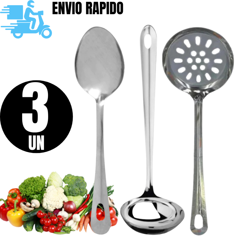 Conjunto Utensílios de Cozinha 3 Peças 100% Inox Colher de Arroz Escumadeira Concha Para Cozinha