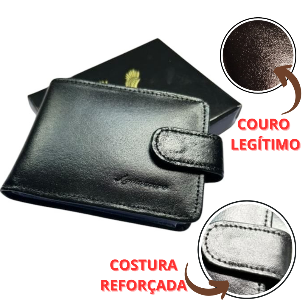 Carteira Masculina de Couro 100% Legitimo Com Fecho Porta Cartões e Documentos