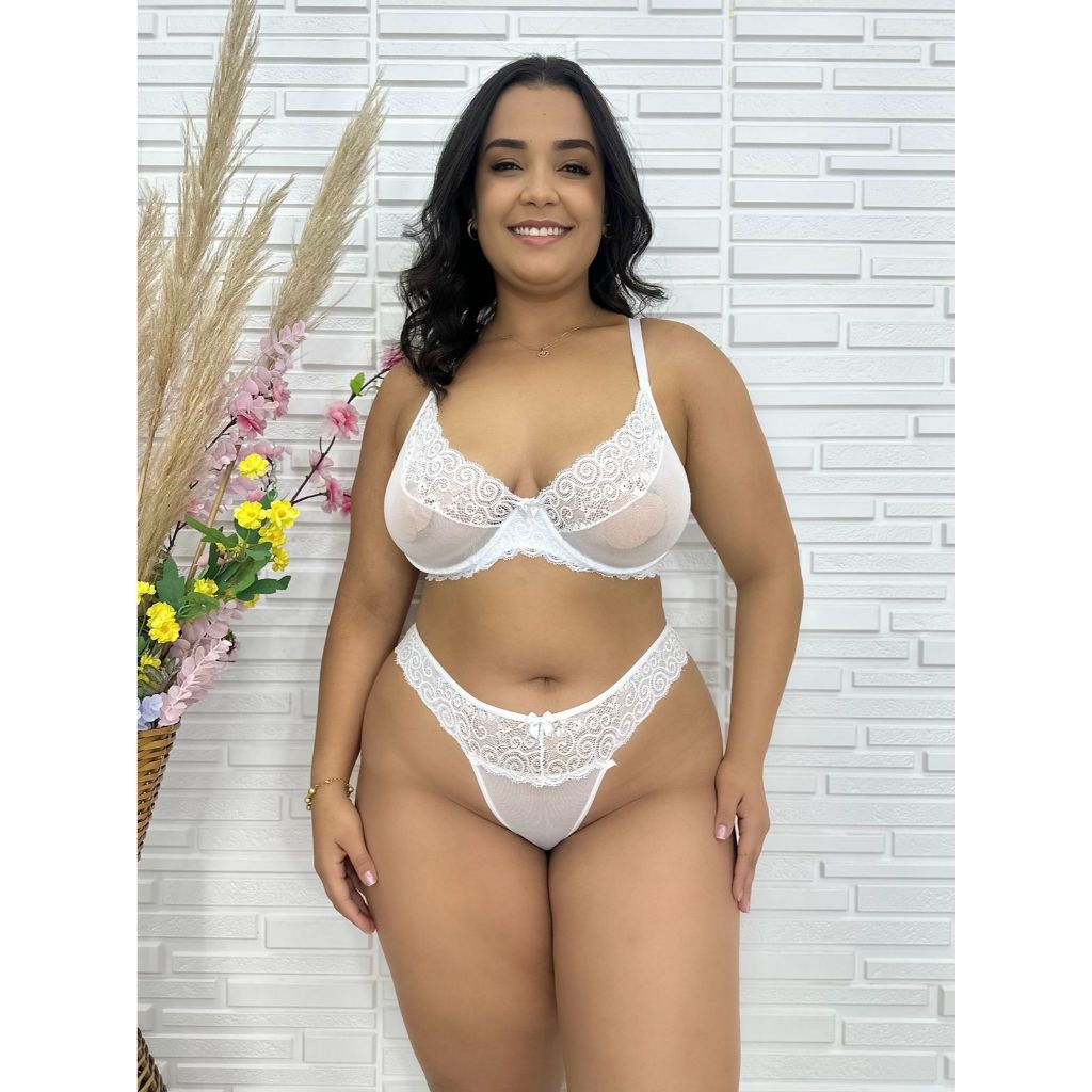 Conjunto calcinha e sutiã plus size em tule e renda  moda intima REBECA