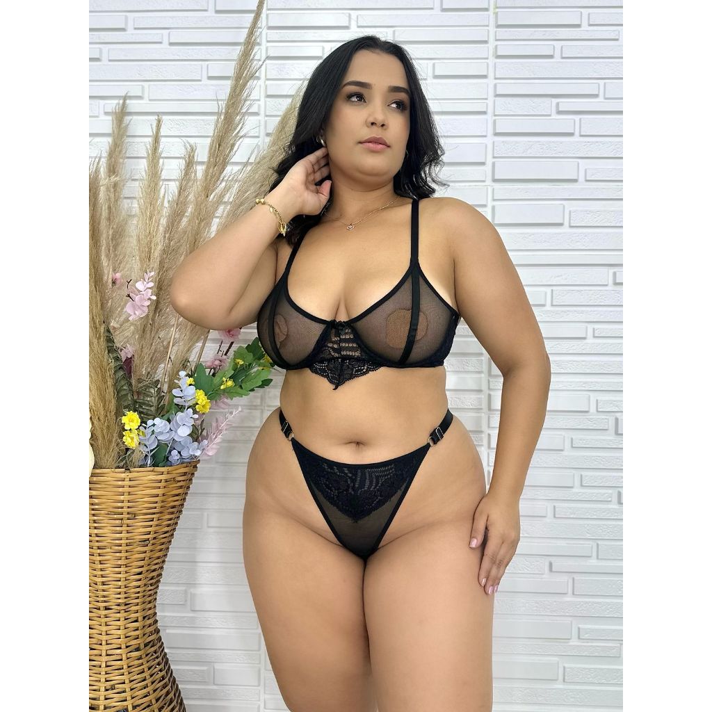 Conjunto plus size calcinha e sutiã renda e tule Paris em Oferta na Shopee
