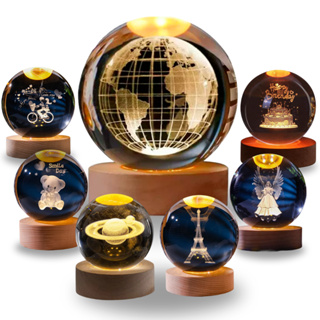 Luminária Abajur Bola Cristal de Mesa Led Globo Vidro 3d Base de Madeira Decoração Presente Tomada em Oferta na Shopee