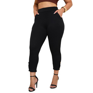 Calça pantacourt linho Botões Na Barra Calça Capri Feminina Com Bolso