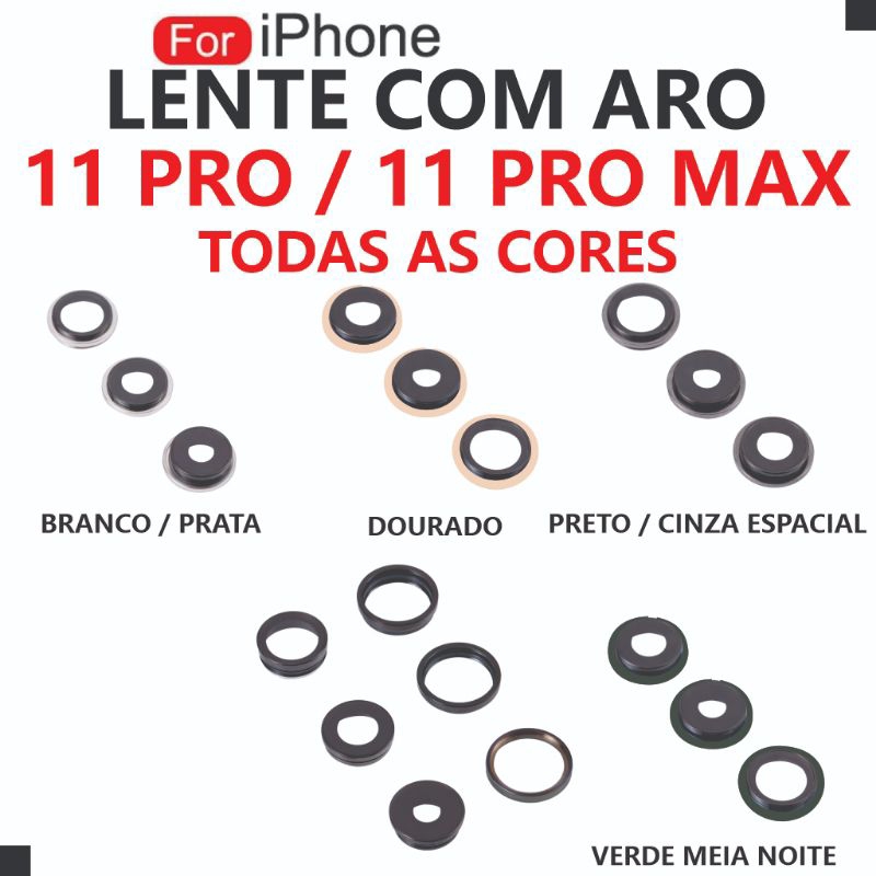 Kit 3 Aro + Lente Para iPhone 11 Pro Max Com Aro Suporte para Lente da Câmera de Vidro Traseiro Lente iPhone 11 Pro Max