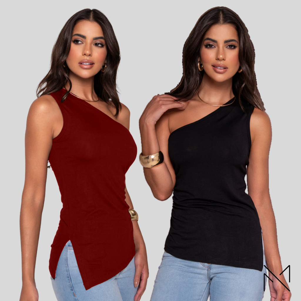 KIT 2 Blusas Regata Feminina Ombro Só Manga Estilosa em Oferta na Shopee