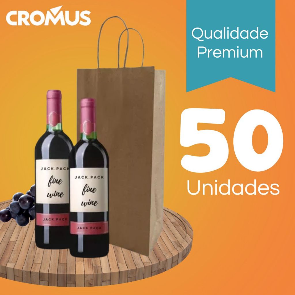 Kit 50 Sacolas Kraft Bebidas, Vinho, Gim, Whisky Premium Lisa Embalagem Fácil