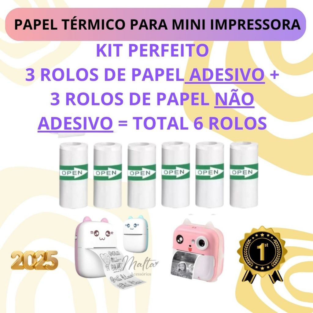 Kit 3 Bobina Rolo Etiqueta Térmica Adesiva + 3  Bobina Rolo Etiqueta Térmica NÂO Adesiva para Mini Impressora Portátil