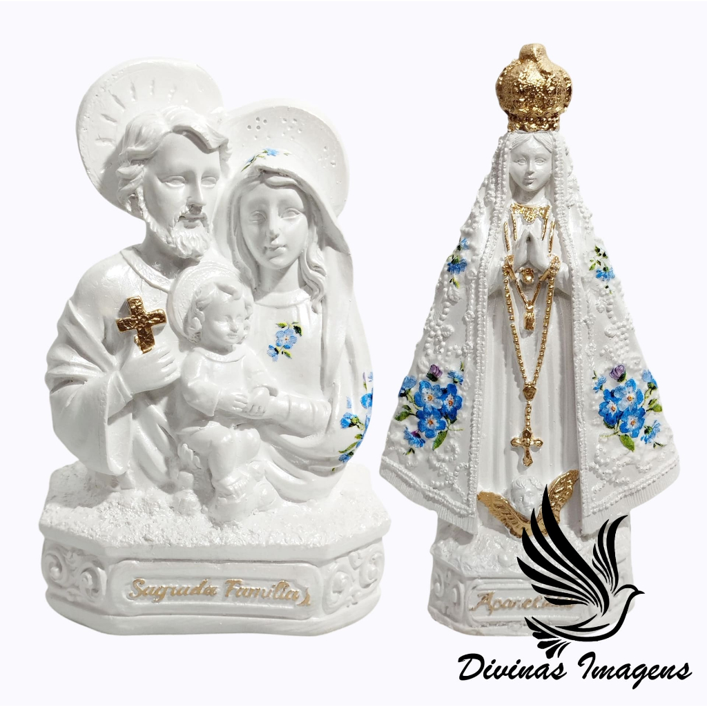 2 Imagens 15cm – Sagrada Família Busto e Nossa Senhora Aparecida com Flores Azul em Oferta na Shopee