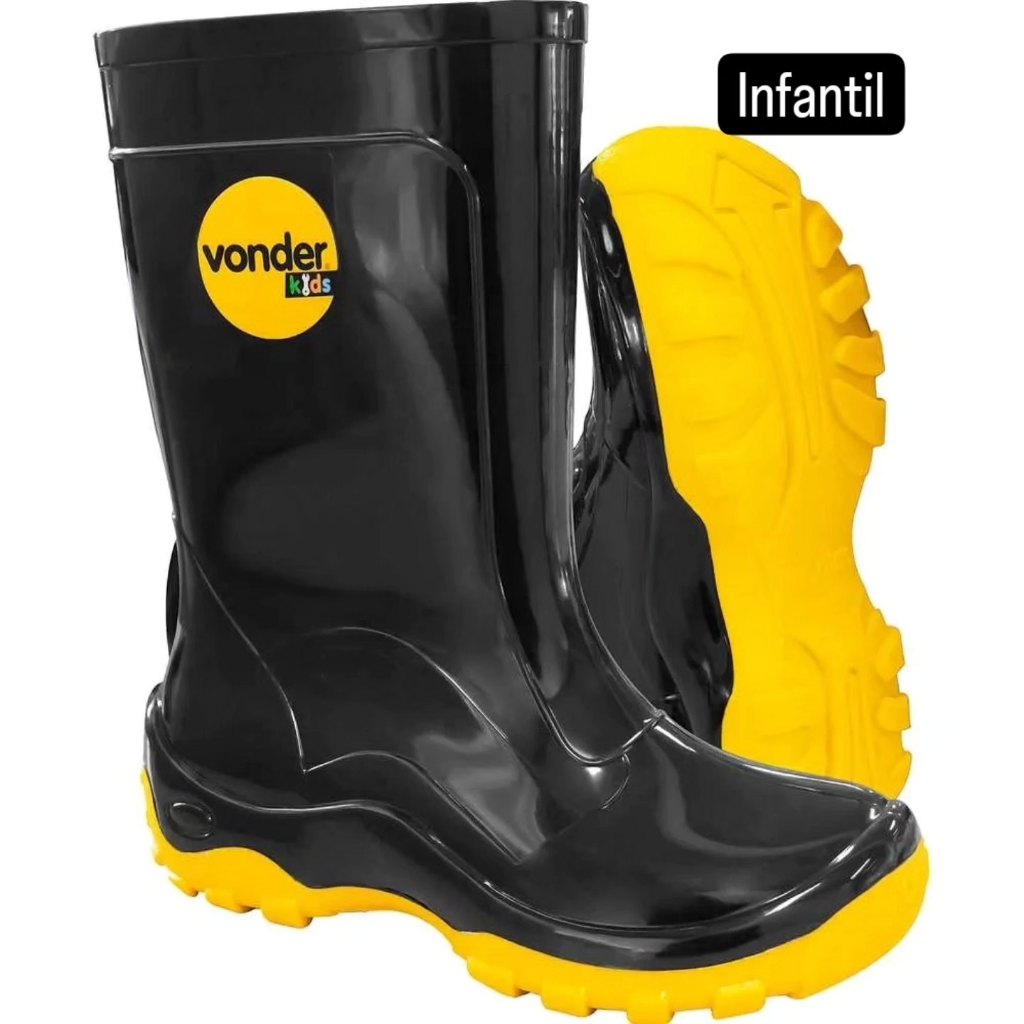 Bota infantil de PVC preta e amarela com forro Vonder