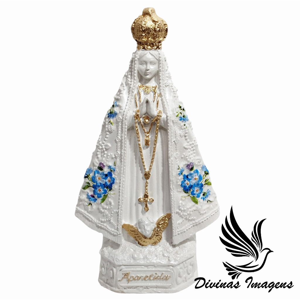 Imagem Nossa Senhora Aparecida Italiana 15cm Decopagem em Flores flores azul Gesso Premium Artesanal em Oferta na Shopee