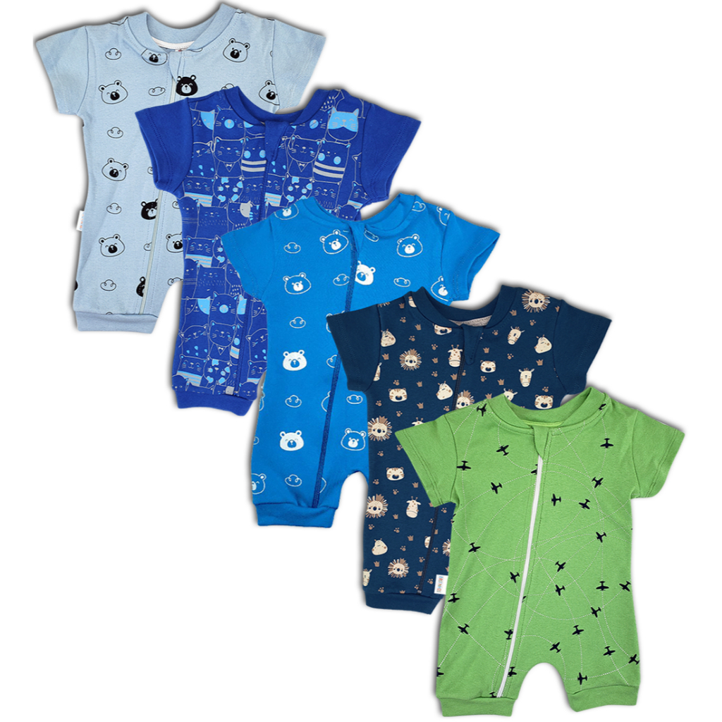 Macacão Bebê Curto Estampado Zíper Menino Verão 100% Algodão