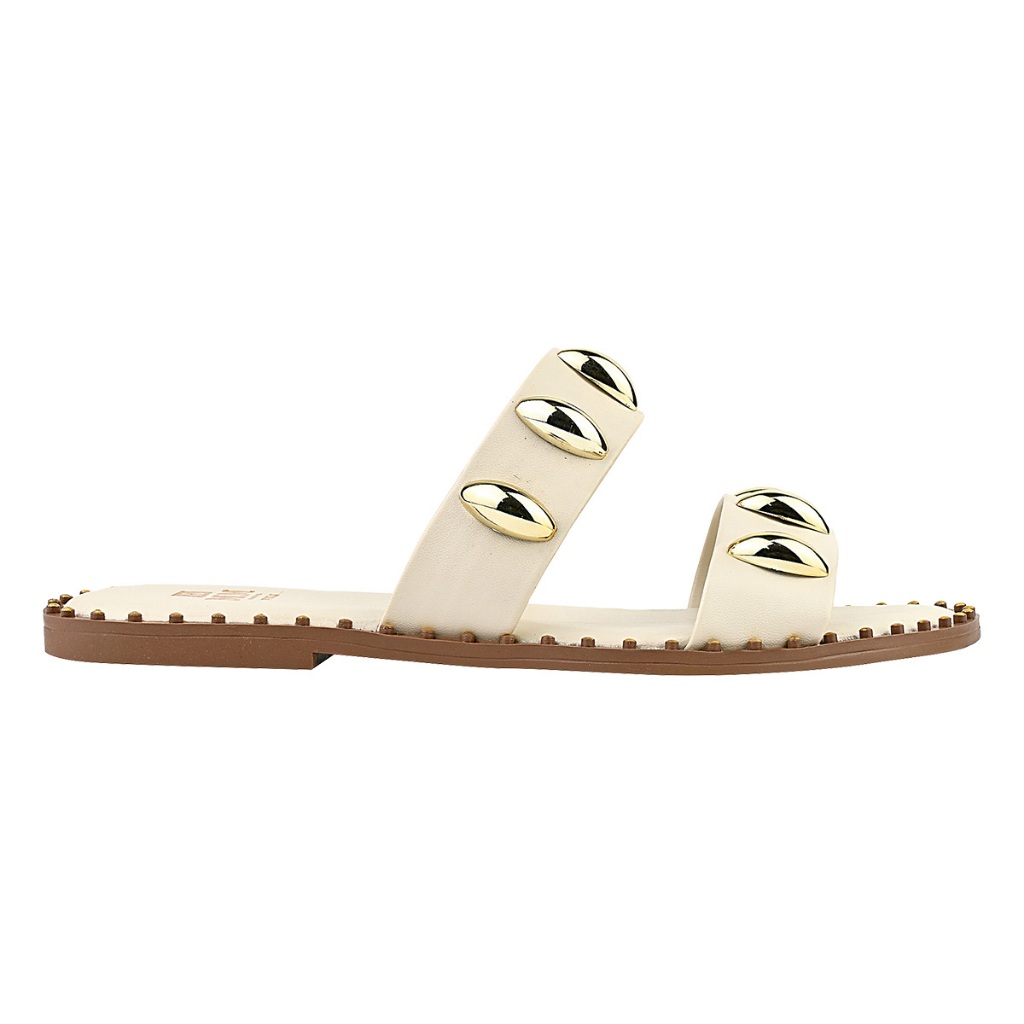 Chinelo Sandália Rasteira Feminino Sola Redonda Abs Dourado Rasteirinha Flat Confortável Preto / Off