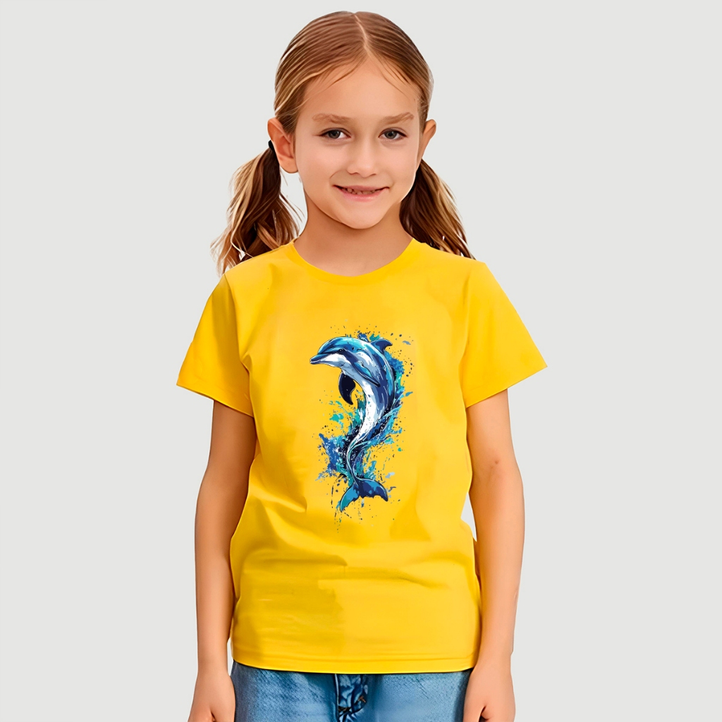 Camiseta Feminina Diversas Cores 2 ao 16 Blusinha Manga Curta Para Crianças Golfinho Desenho Estampa