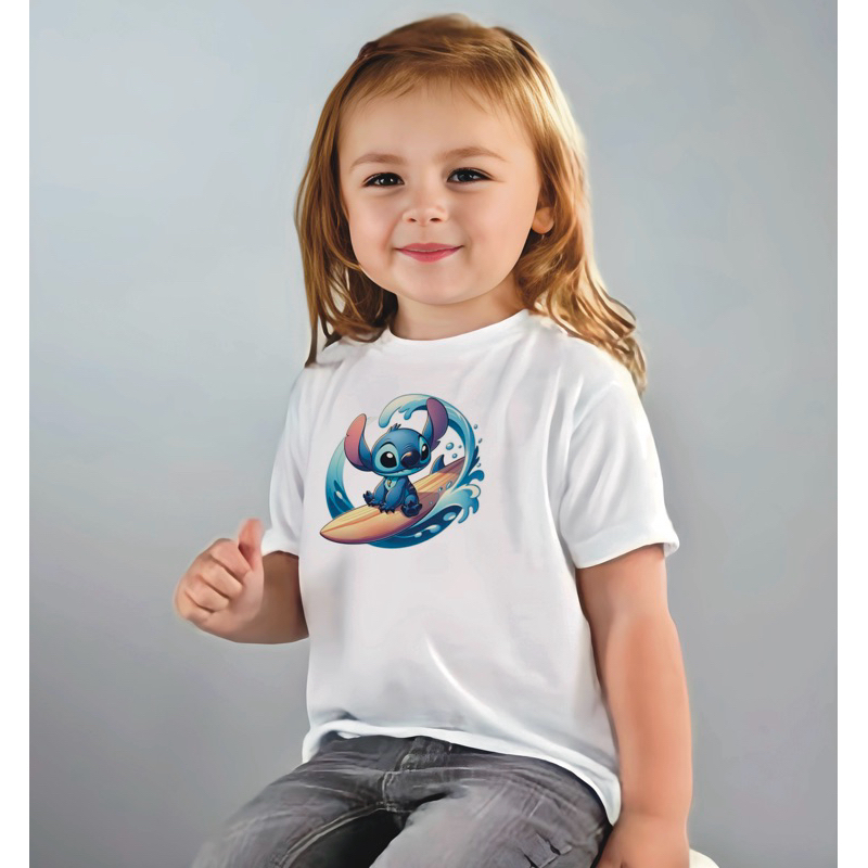 Camiseta unissex infantil Stitch Surf menino e menina desenho Disney camisa infantil branca confortável