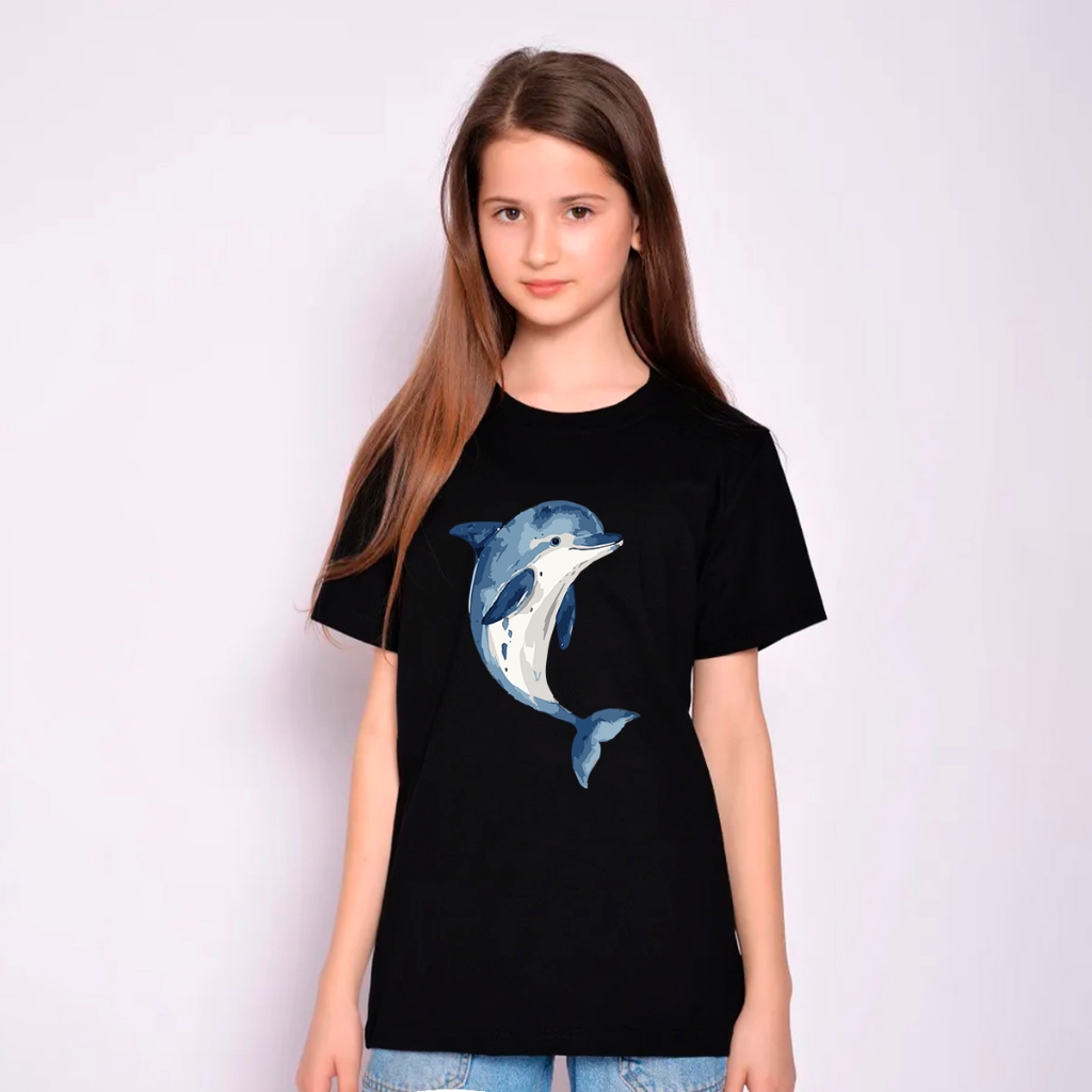 Camiseta 100% Algodão Feminina Infantil Golfinho Desenho Estampa Animada Roupas Para Crianças