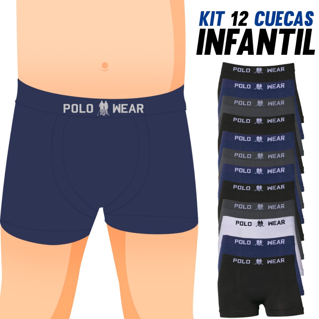 Kit 12 Cuecas Boxer Polo Wear Infantil Microfibra Sem Costura Cueca Box Confortável Menino