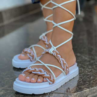Birken Papate Rasteira Flat Feminina Modelo Luxo Trança Trançadas de Amarrar Amarração Branca e Marrom em Oferta na Shopee