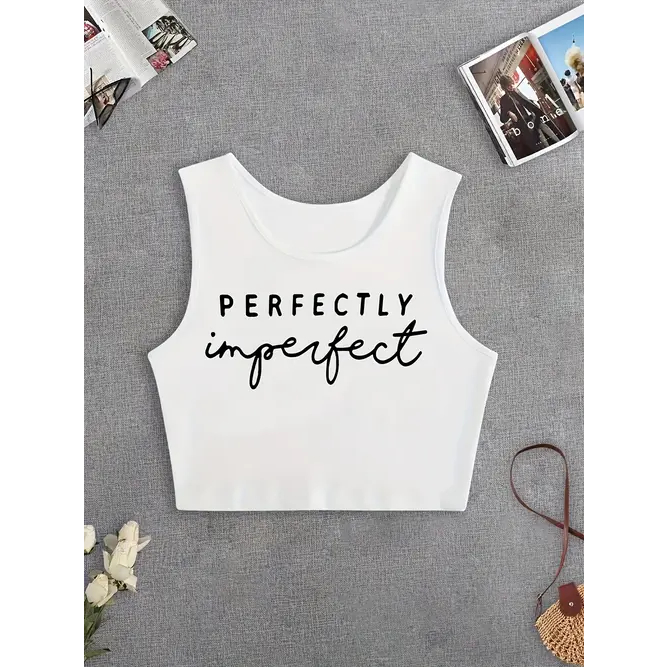 Top Curto com Estampa de Letras, Top Casual Sem Mangas para Verão & Primavera, Roupas Femininas, Top Curto