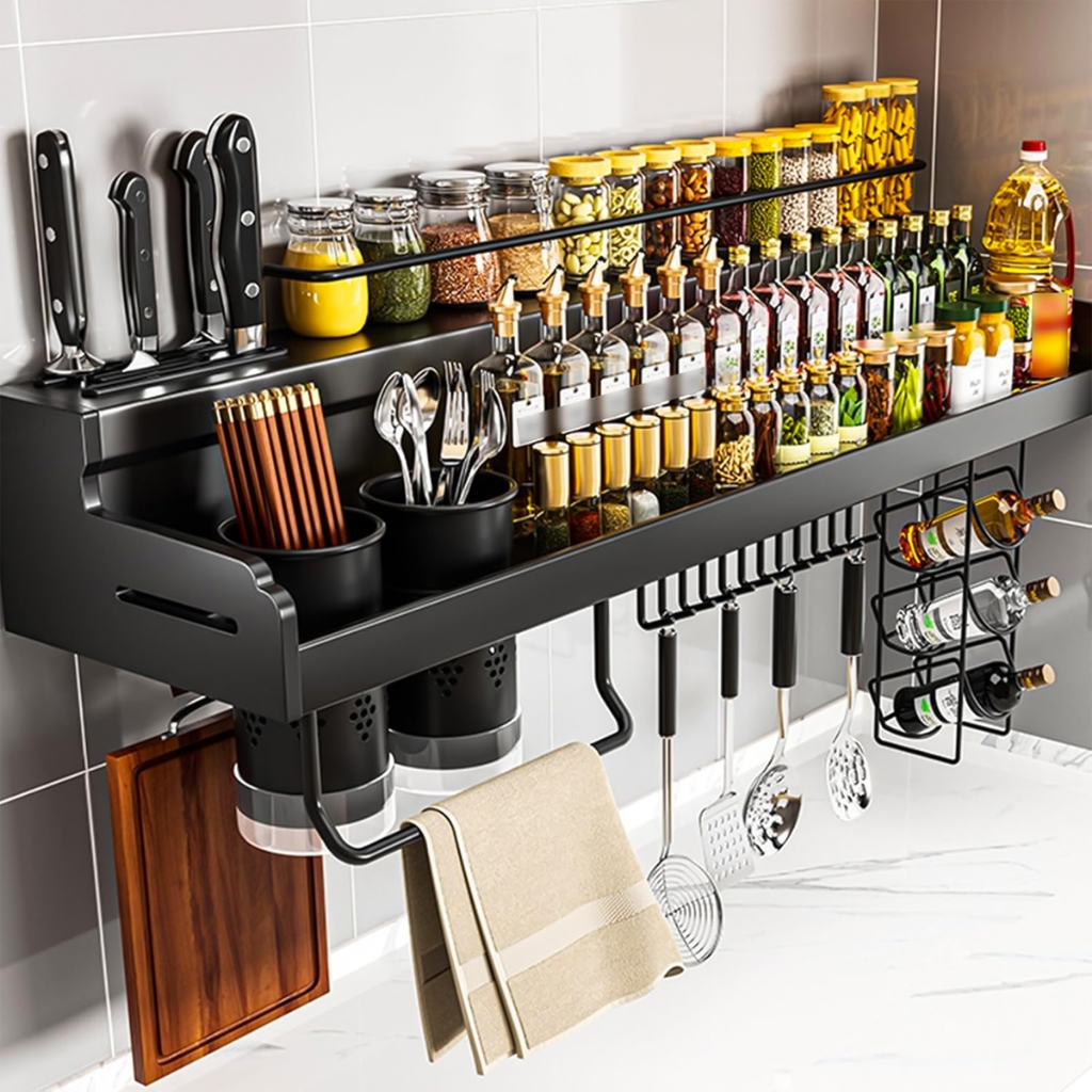 Suporte Prateleira de Parede Multiuso para Temperos com Ganchos Organizador de Cozinha e Banheiro em Oferta na Shopee
