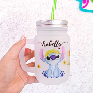 Copo Stitch de vidro jateado com tampa e canudo em Oferta na Shopee