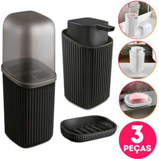 Kit 3 Acessórios Banheiro com Porta Sabonete Líquido, Porta Escovas e Saboneteira com Escorredor Av em Oferta na Shopee