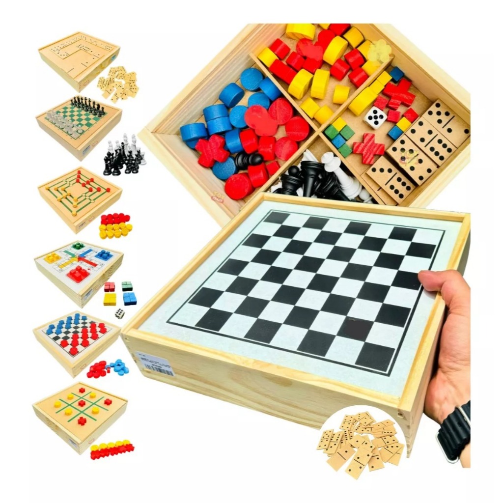 Jogo Tabuleiro 6 em 1 Xadrez Dama Jogo da Velha Ludo Trilha Dominó em Oferta na Shopee