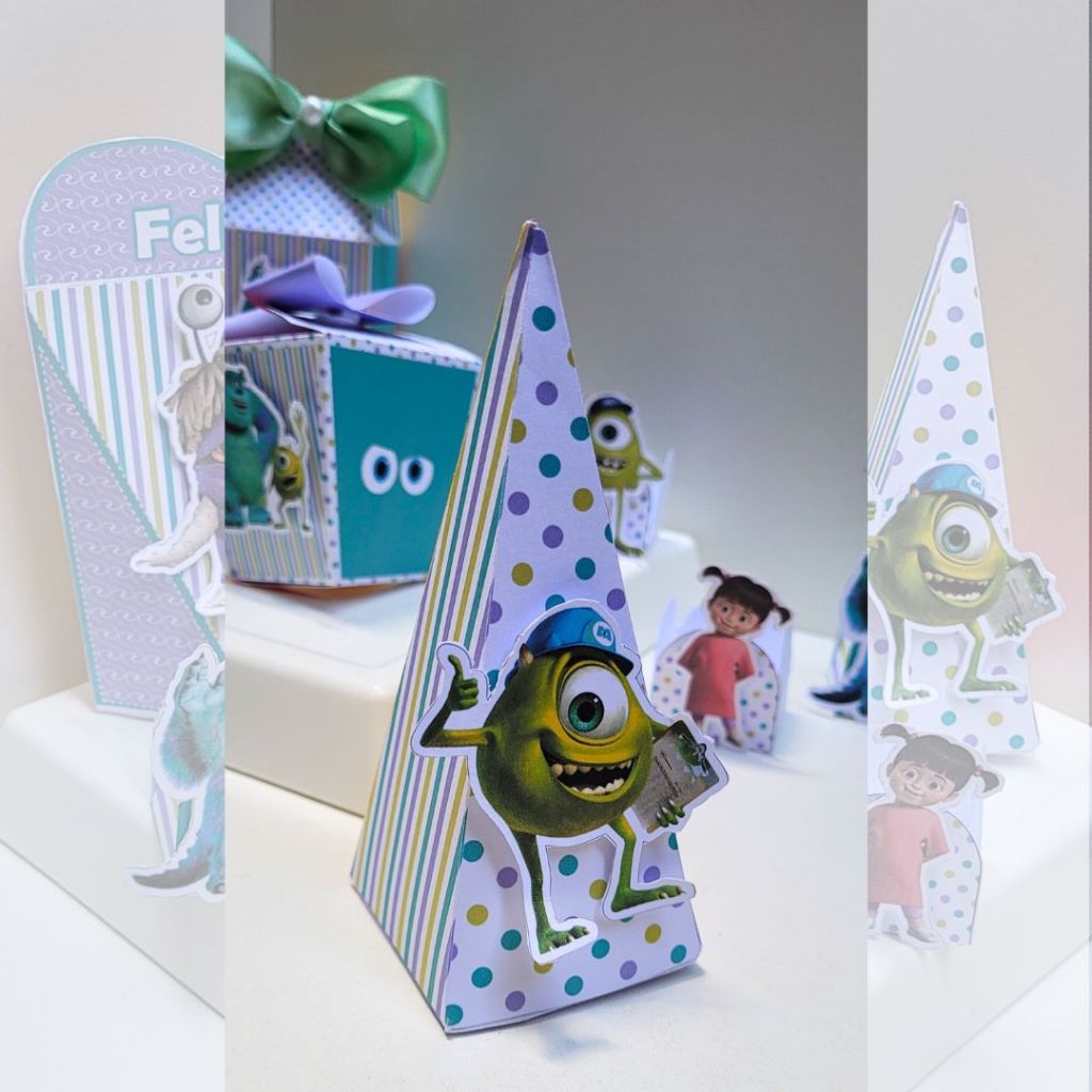 Kit Festa Aniversário - Lembrancinhas Personalizadas - Pegue e Monte 10 Caixa Pirâmide - Monstros S.A