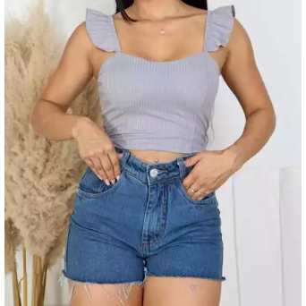 Cropped Canelado Com Alcinha Babado Blogueira Elegante Bojo Blusinha