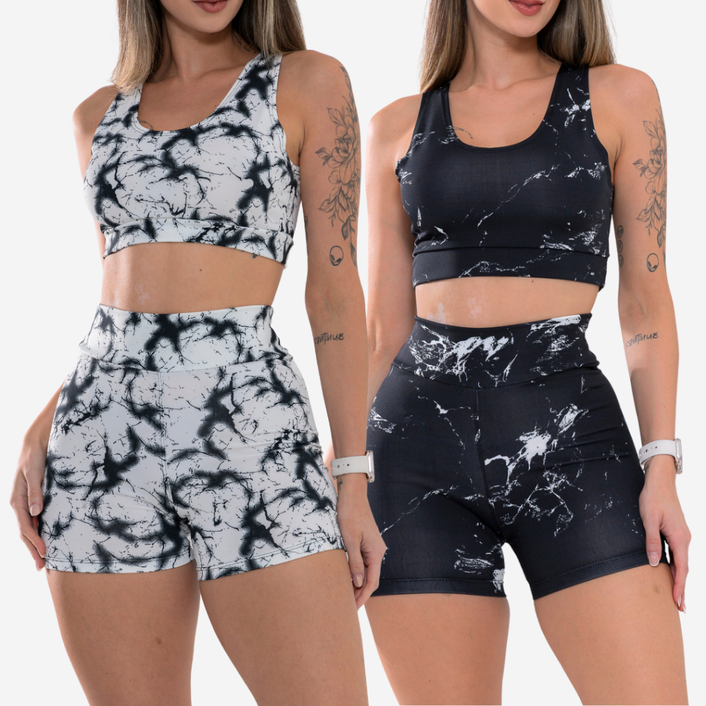 Kit 2 Conjunto Top e Short  Marmorizado Tie Dye Academia Fitness Caminhada Ciclismo Ginast...