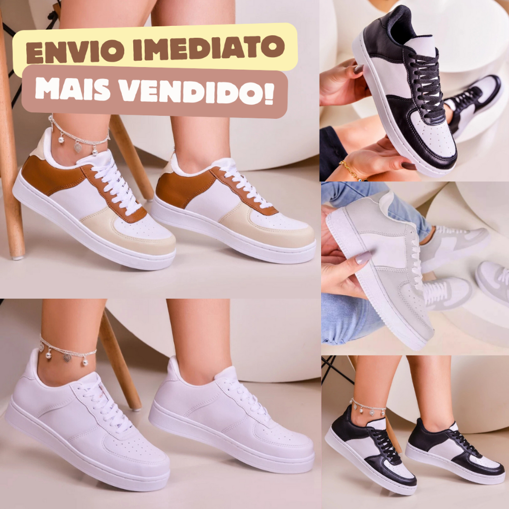 Tênis Feminino Branco Casual Barato Do 34 ao 39 Várias Cores Branco Preto Cinza Marrom Dia...