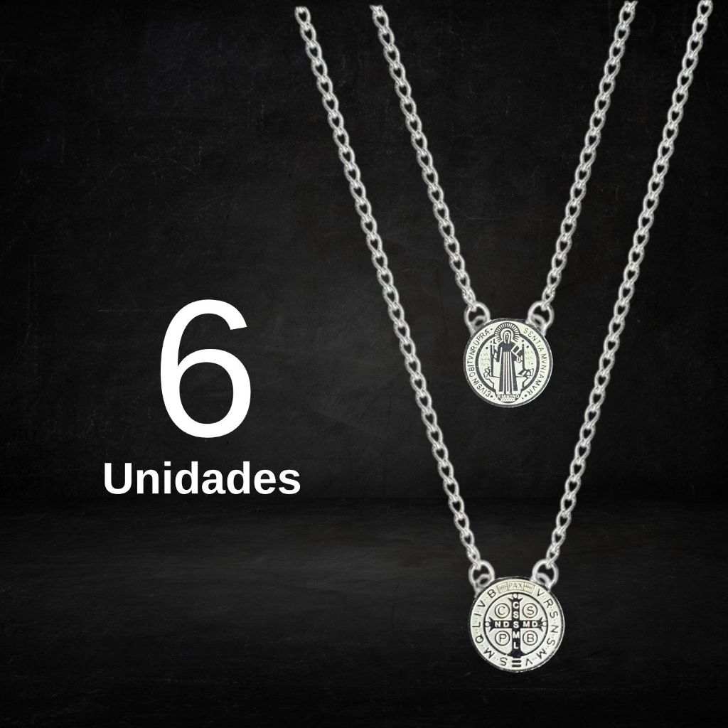 6 Escapulários de Aço Inox 316L Atacado São Bento Prateado Premium Colar Conjunto Corrente
