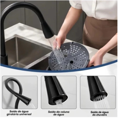 Torneira Parede Cozinha Gourmet Preta Flexivel 2 Jatos 1/4 de Volta Para Mesa Pia Bancada e Mármore