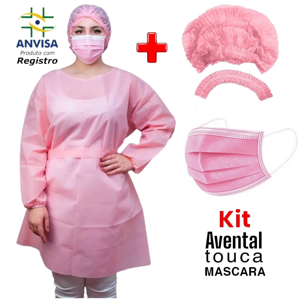 kit Avental + Touca + Mascara Descartável Rosa TNT Manga Longa 40g com ANVISA em Oferta na Shopee