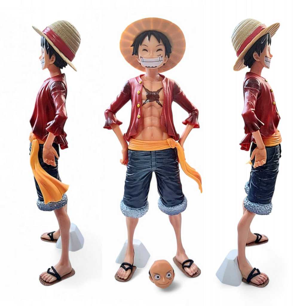 Boneco Luffy Anime One Piece Pvc 28cm C/ Suporte e Rosto Extra Action Figure Colecionável.