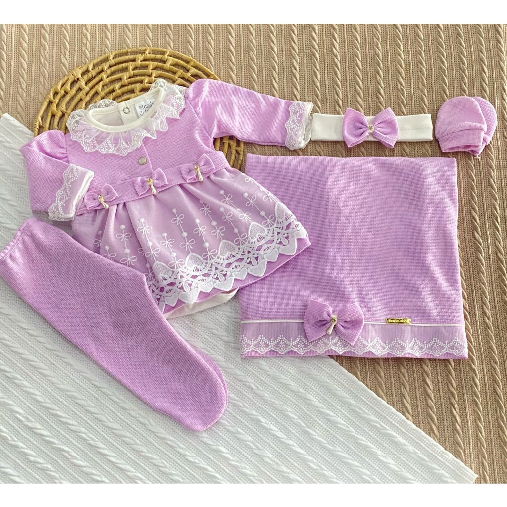 Saída de Maternidade 6 Peças em Malha Tricô Macio Vestido, Body, Manta, Luvas e Culote Tam...